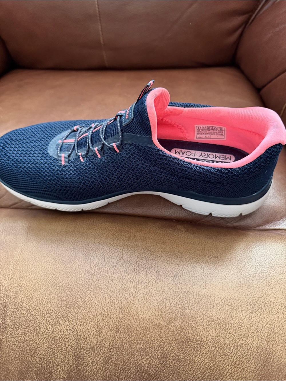 Skechers Navy Slip-On Wide Fit Knit Sneakers with Coral Accents - Picture 5 of 6